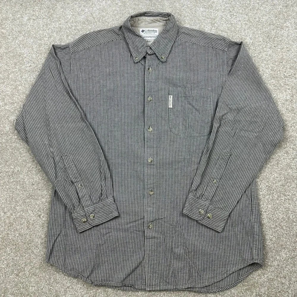 Columbia Mens sz M Long Sleeve Button Down Shirt Brown Micro Check Plaid Cotton